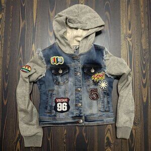 Girls Distressed Denim Hoodie Jacket With Patches Gray Sleeves Snap Buttons Size
